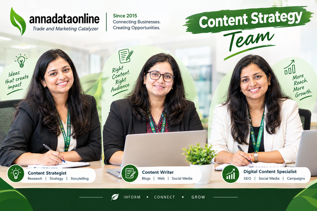 Annadataonline content strategy team developing engaging, SEO-focused content plans, storytelling, campaigns, and brand communication strategies for business growth.
