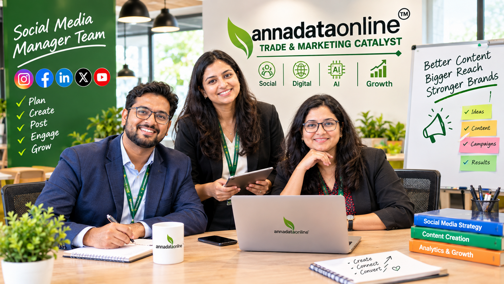 Annadataonline social media manager team planning content, campaigns, audience engagement, and brand growth strategies.